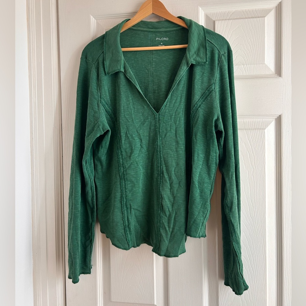 Pilcro Forest Green Collared V-Neck Long Sleeve Top